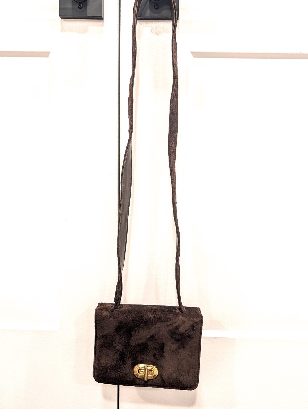 RUSHHOUR Women's Dark Brown Suede Crossbody Bag with Gold Turn-Lock